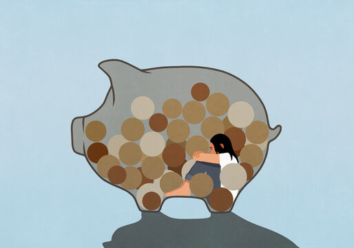 Woman inside piggy bank with coins
