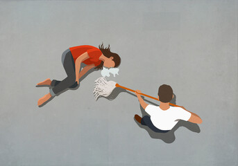 Man mopping up tears of crying depressed wife on floor
