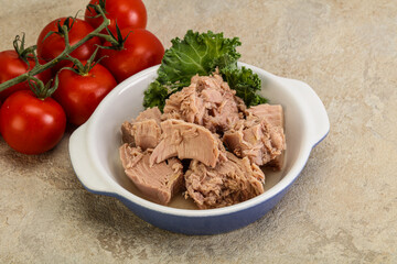 Canned tuna fillet in the bowl
