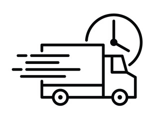 Shipping fast delivery truck with clock icon symbol, Pictogram flat outline design for apps and websites, Isolated on white background, Vector illustration