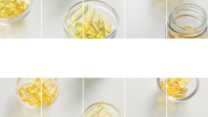 Collage of best sources of fish oil, capsules and salmon fillet.