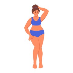 Fototapeta premium Curvy woman. Plus size girl. The concept of body positivity, self-love. Love your body. Flat cartoon vector illustration.