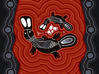 Platypus mother and baby aboriginal dot art