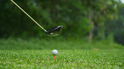 Golf club and ball in grass background