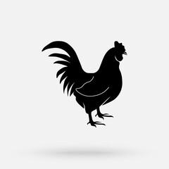 Rooster vintage logo, retro print, butcher meat shop poster, chicken silhouette. Logo template for meat business, meat shop. Isolated black silhouette chicken, white background. Vector Illustration.