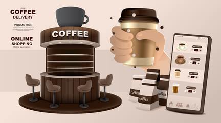 Online concept. Coffee shop delivery on mobile. Food and drink order application. Vector illustration.