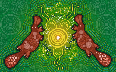 Platypus on green aboriginal art background