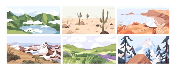 Set of empty landscapes and sceneries with snowy mountain tops, hills, field, lake, sea and desert. Collection of scenic nature views in spring, summer and autumn. Colored flat vector illustration