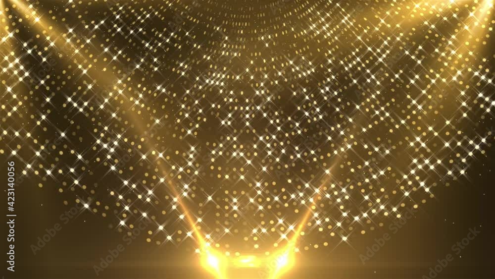 Poster 4k golden revolving stage with sliding spotlights animated loop background. presentation, slideshow,