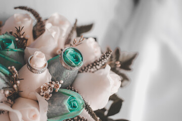 Bridal bouquet with rings, earrings, accessories and shoes, wedding concept