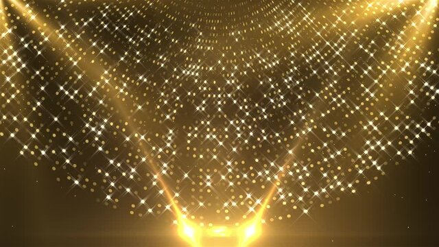 4K Golden revolving stage with sliding spotlights animated loop background. presentation, slideshow, awards, night party, spectacular ceremony, stylish fashion show, Christmas, New Year, celebration