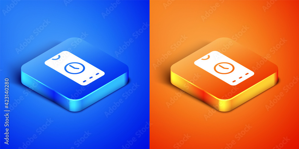 Poster isometric alarm clock app smartphone interface icon isolated on blue and orange background. square b