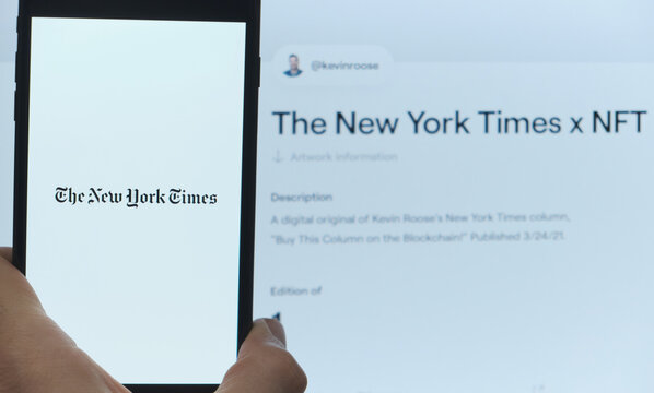 The New York Times NFT non fungible token sold. New way to buy digital assets, collectibles and crypto art. Moscow 26 March 2021.