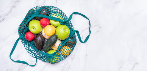 Eco friendly reusable mesh string knitted shopping bag with fruits and vegetables, zero waste
