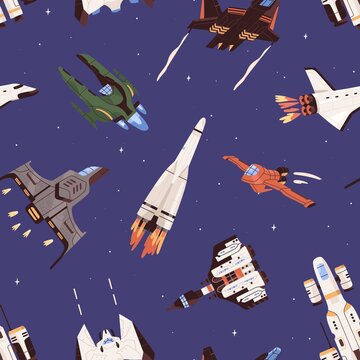 Seamless pattern with spaceships and rockets in space. Endless repeatable background with flying missiles and spacecrafts. Colored flat vector illustration of printable texture with galaxy shuttles