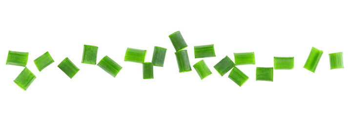 Chopped green onion isolated on a white background, top view. Scallions.