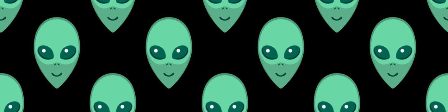 Seamless pattern with Aliens green heads. UFO, Humanoids endless backdrop isolated. Smiling visitors, Martians. Vector illustration, wallpaper on theme of space, conspiracy theory, Sci-fi, fantastic