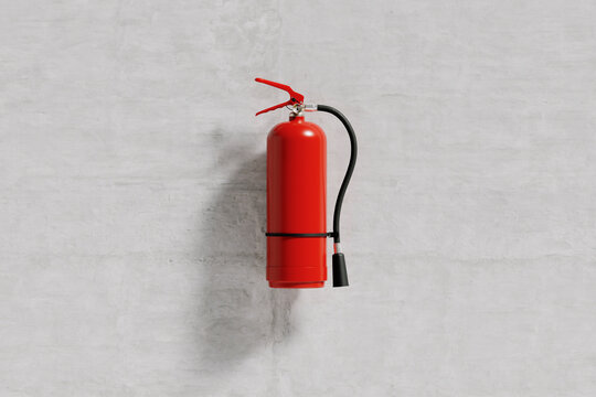 Red fire extinguisher isolated on a concrete wall of a building, minimal protection concept, fire protection, template or source, 3d rendering
