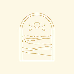 Abstract boho landscape logo. Moon phases, mountains, nature.