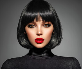 Beautiful brunette girl with red lips and black bob hairstyle. Pretty young woman with black hair....