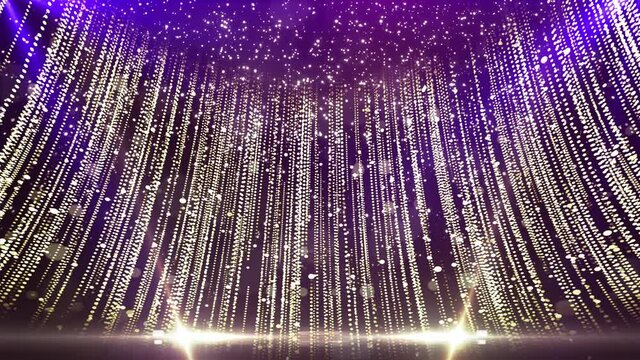 4K 3D Gold Stage Glitter Glamour Luxury Awards Show Loop Animation Background. nightclub, visual projection, music video, TV show, stage LED screens, party or fashion show.