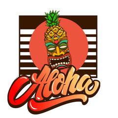 Aloha. Emblem template with tiki idol. Design element for poster, card, banner, sign, emblem. Vector illustration