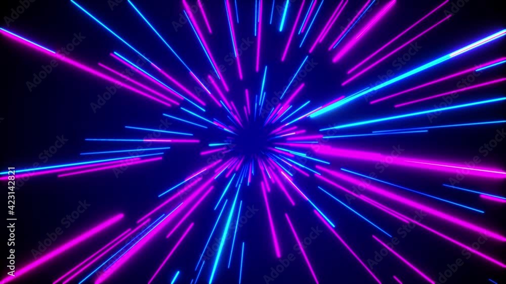 Poster abstract neon glowing rays in motion loop background animation. creative cosmic hyper jump into gala