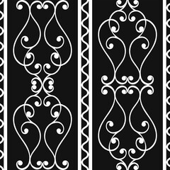 White ornament with stripes on a black background. Seamless patterns.