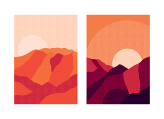 Vector landscape "Dawn and sunset". Sun and mountains in warm colors, mountains with ornaments.