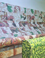Turkish bath or steam sauna with mosaic tiles mural inside thermal suite of spa or wellness area...