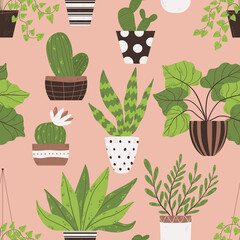 Colorful houseplant in pot seamless pattern. Vector endless background with cute plant and cactus in flowerpot. Hand drawn flower in pot backdrop.