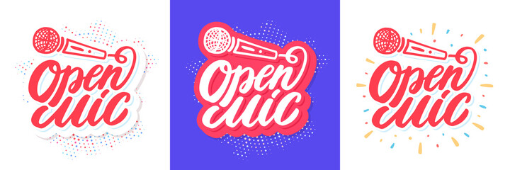 Open mic. Vector lettering banners set. 