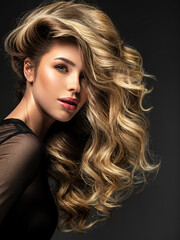 Portrait of a  beautiful woman with a long hair. Pretty blonde girl with curly hairstyle. - obrazy, fototapety, plakaty