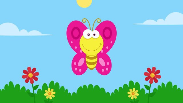 Yellow Butterfly Cartoon Character Flying Loop. 4K Animation Video Motion Graphics With Landscape Background 