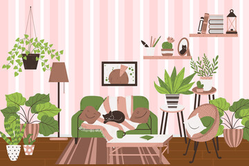 Cozy interior of living room in Scandinavian style. Horizontal banner. Concept stay at home. Vector background with place for text. Design of a cozy room with sofa, houseplant, lamp, cat and décor.