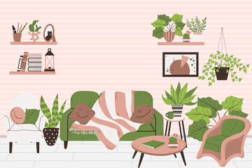 Fototapeta premium Cozy interior of living room in Scandinavian style. Horizontal banner. Concept stay at home. Vector background with place for text. Design of a cozy room with sofa, houseplant, chair, and décor.