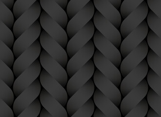 Black seamless pattern of braided paper bands stylized as pigtails. Vector dark repeating background illustration.