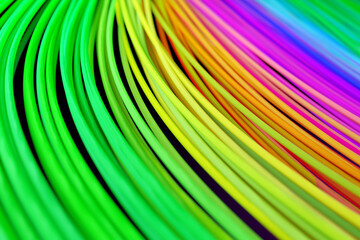 Colourful background illustration. Curved multi-coloured lines, strings or cables. 3D illustration