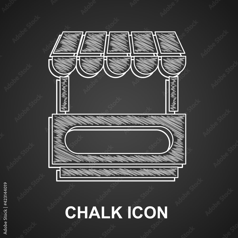 Sticker chalk fast street food cart with awning icon isolated on black background. urban kiosk. vector