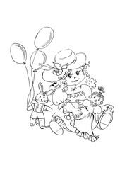 Coloring page outline of girl with doll and hare with a balloons - Calligraphy pen and ink hand drawn sketch