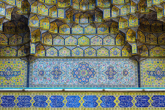 Muqarnas Vault in the entrance of Shah Mosque (Imam Khomeini), Tehran, Iran (Muqarnas is complex geometrical interlacing of components to produce three-dimensional surface)