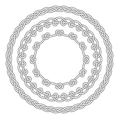 Set of black and white round decorative outline vector frames with knots and loops, isolated on white background