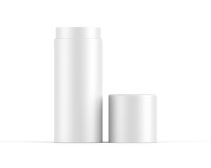 White paper tube push up tin can mockup template on isolated white background, ready for design presentation, 3d illustration