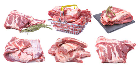 Meat set.Raw pork and beef ribs from different angles isolated on a white background.Selective focus