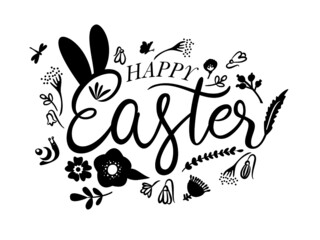 A vector illustration of rabbit ears and spring elements for a Happy Easter in line art and flat black colors on an isolated white background