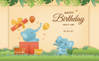 Cartoon happy birthday two elephant card with gift box. Greeting cards with cute safari or jungle animals party in the tropical forest. Template invitation paper art style vector illustration.	
