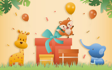 Cartoon happy birthday three animal cards with gift boxes. Greeting cards with cute safari or jungle animals party in the tropical forest. Template invitation paper art style vector illustration.