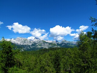 Scenic view of mountains Debeli vrh and Ogradi in Julian alps and Triglav national park, Slovenia...