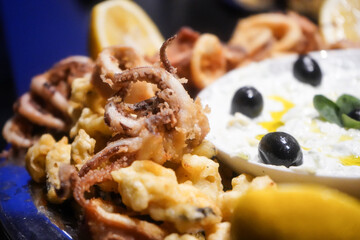 Plate with squid, shelled bread and tsatsiky sauce, garnished with olives and basil leaves. Product photography.