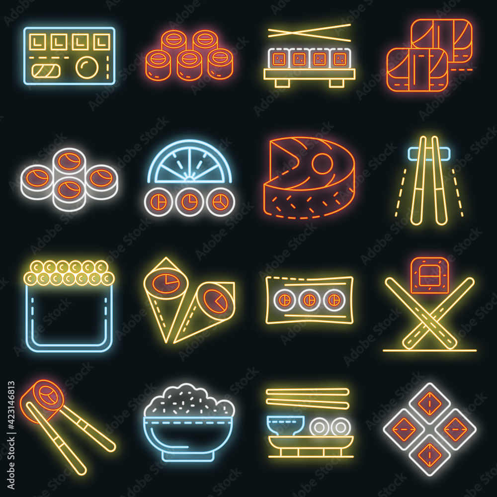 Poster sushi roll icons set. outline set of sushi roll vector icons neon color on black